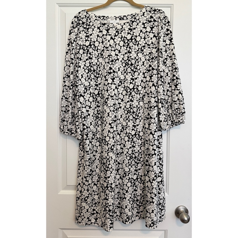 J. Jill Black and White Floral Print 3/4 Sleeve Knit Dress Large Excellent